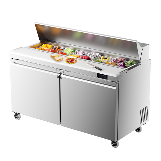 Coolake 60'' W Commercial Refrigerator Sandwich Salad Prep Table, 2 Door Sandwich Fridge with 16 GN 1/6 Pans