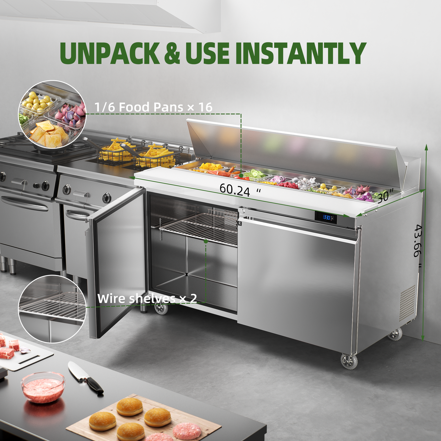 Coolake 60'' W Commercial Refrigerator Sandwich Salad Prep Table, 2 Door Sandwich Fridge with 16 GN 1/6 Pans