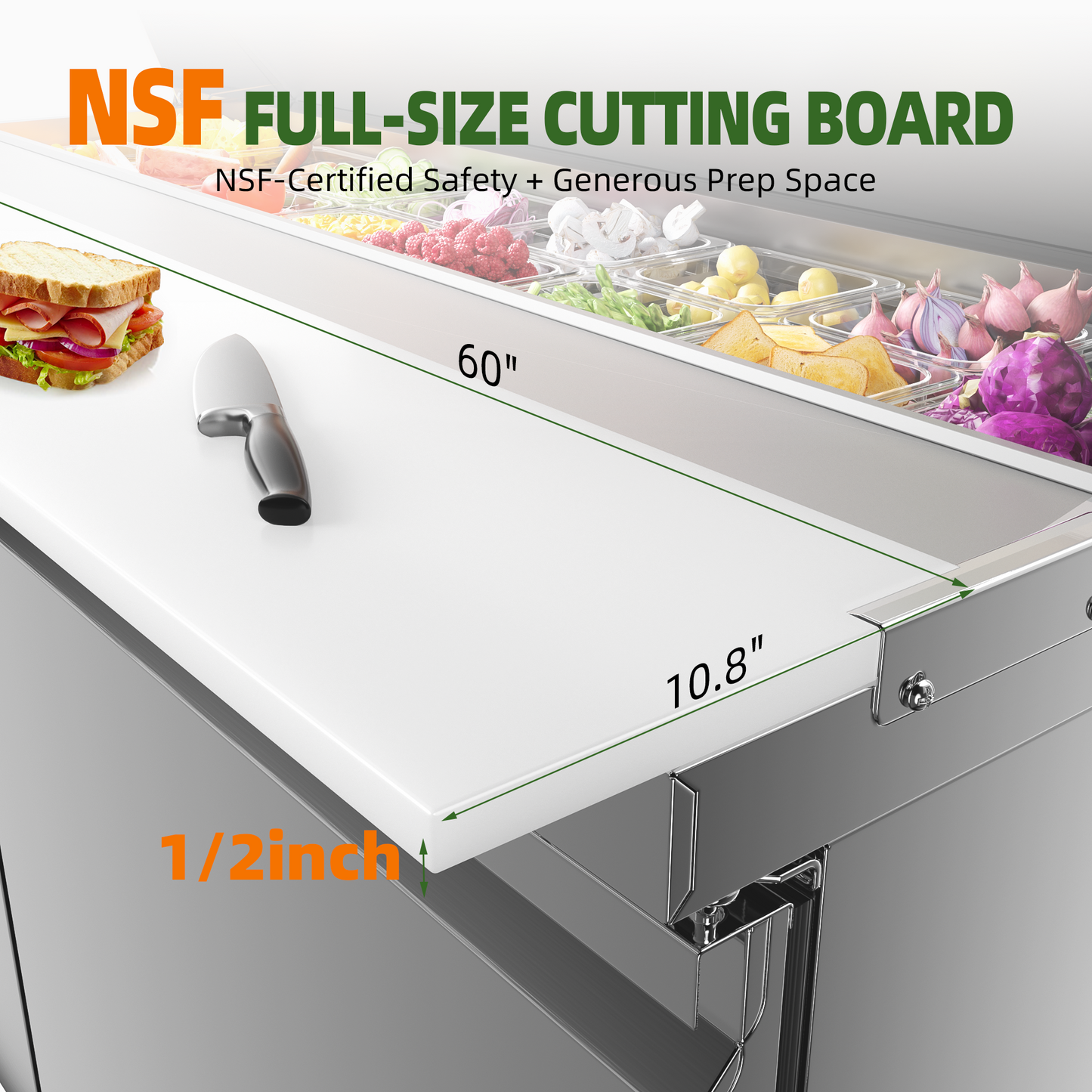Coolake 60'' W Commercial Refrigerator Sandwich Salad Prep Table, 2 Door Sandwich Fridge with 16 GN 1/6 Pans