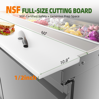 Coolake 60'' W Commercial Refrigerator Sandwich Salad Prep Table, 2 Door Sandwich Fridge with 16 GN 1/6 Pans