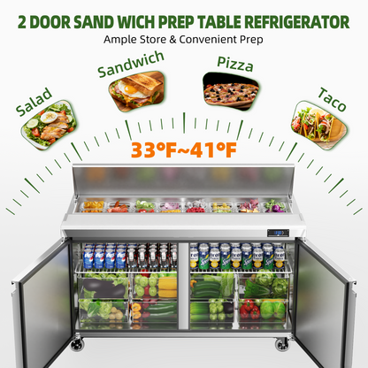Coolake 60'' W Commercial Refrigerator Sandwich Salad Prep Table, 2 Door Sandwich Fridge with 16 GN 1/6 Pans