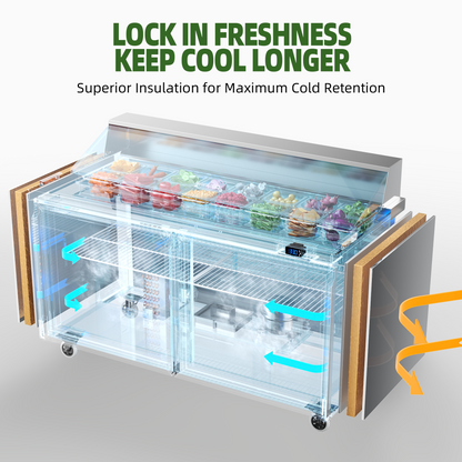 Coolake 60'' W Commercial Refrigerator Sandwich Salad Prep Table, 2 Door Sandwich Fridge with 16 GN 1/6 Pans