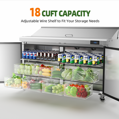 Coolake 60'' W Commercial Refrigerator Sandwich Salad Prep Table, 2 Door Sandwich Fridge with 16 GN 1/6 Pans
