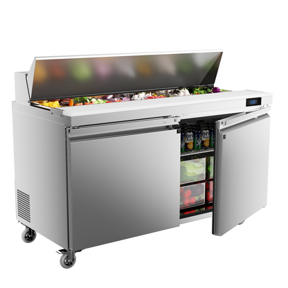 Coolake 60'' W Commercial Refrigerator Sandwich Salad Prep Table, 2 Door Sandwich Fridge with 16 GN 1/6 Pans