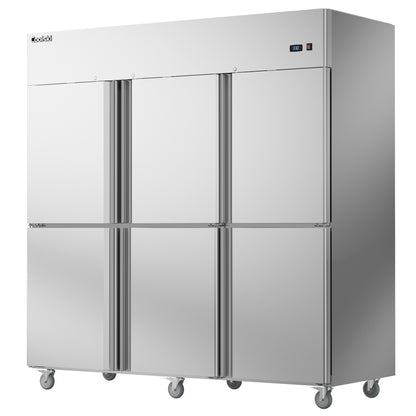 Coolski Commercial 6 Half Door Reach-In Refrigerator, 54 Cu.ft Solid Door Upright Fridge, 72" W Stainless Steel Industrial Cooler with 9 Adjustable Shelves, Auto-Defrost, Fan Cooling