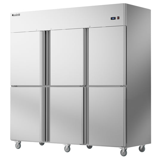 Coolski Commercial 6 Half Door Reach-In Refrigerator, 54 Cu.ft Solid Door Upright Fridge, 72" W Stainless Steel Industrial Cooler with 9 Adjustable Shelves, Auto-Defrost, Fan Cooling