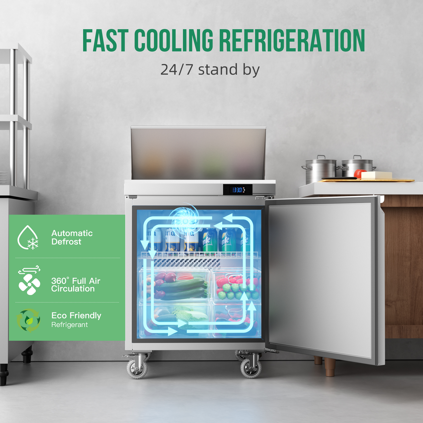 Coolake 27'' W Commercial Refrigerator Sandwich Salad Prep Table, 1 Door Sandwich Fridge with 8 GN 1/6 Pans