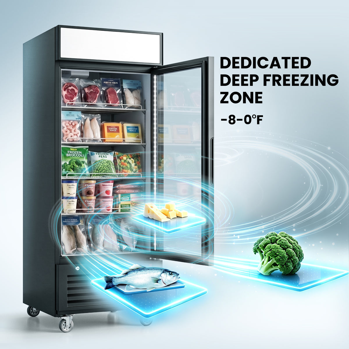 Coolski 27’’ W Commercial Display Freezer, 19.42 cu.ft Upright Merchandiser Freezer for Supermarket, Restaurant, Cafe, Bar, Top Customizable Light Box, Automatic Defrost, ETL&DOE Certified