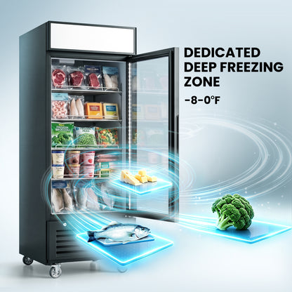 Coolski 27’’ W Commercial Display Freezer, 19.42 cu.ft Upright Merchandiser Freezer for Supermarket, Restaurant, Cafe, Bar, Top Customizable Light Box, Automatic Defrost, ETL&DOE Certified