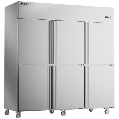 Coolski Commercial 6 Half Door Reach-In Freezer, 54 Cu.ft Solid Door Upright Freezer, 72" W Stainless Steel Industrial Freezer with 9 Adjustable Shelves, Auto-Defrost, Fan Cooling -8-0℉