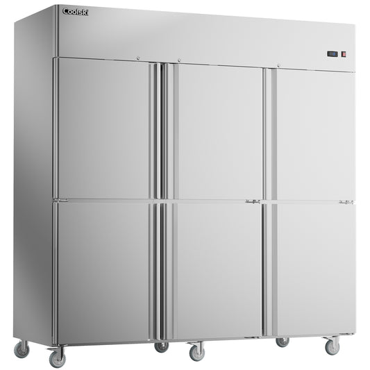 Coolski Commercial 6 Half Door Reach-In Freezer, 54 Cu.ft Solid Door Upright Freezer, 72" W Stainless Steel Industrial Freezer with 9 Adjustable Shelves, Auto-Defrost, Fan Cooling -8-0℉