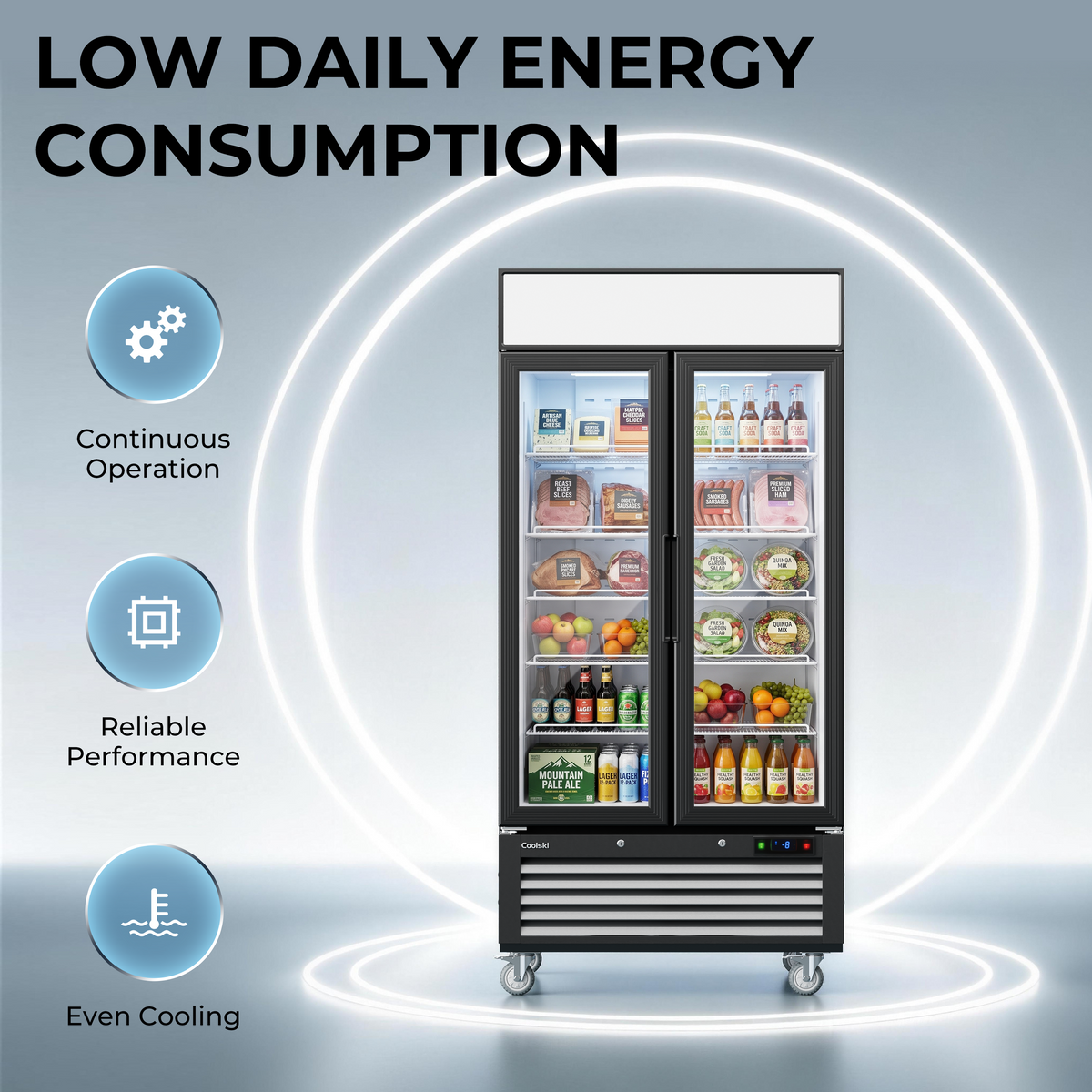 Coolski 40’’ W Commercial Display Freezer, 35 cu.ft Upright Merchandiser Freezer for Supermarket, Restaurant, Cafe, Bar, Top Customizable Light Box, Automatic Defrost, ETL&DOE Certified