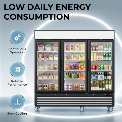 Coolski 82’’ W Commercial Display Freezer, 72 cu.ft Upright Merchandiser Freezer for Supermarket, Restaurant, Cafe, Bar, Top Customizable Light Box, Automatic Defrost, ETL&DOE Certified