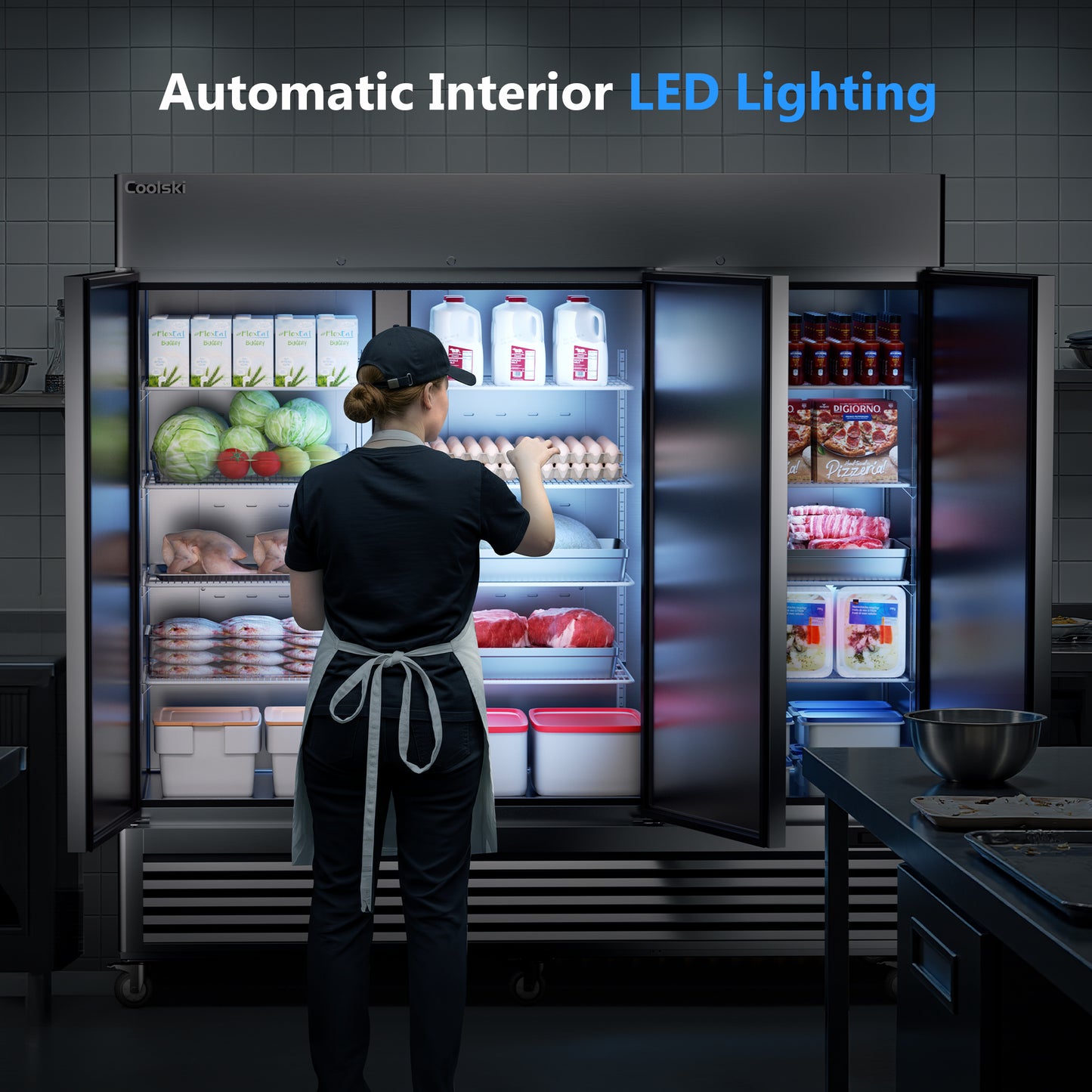 Coolski 82'' Commercial Refrigerator 3 Doors, Reach-In Refrigerator Fridge for Restaurants Bars Garages, Auto Defrost ETL NSF Approved