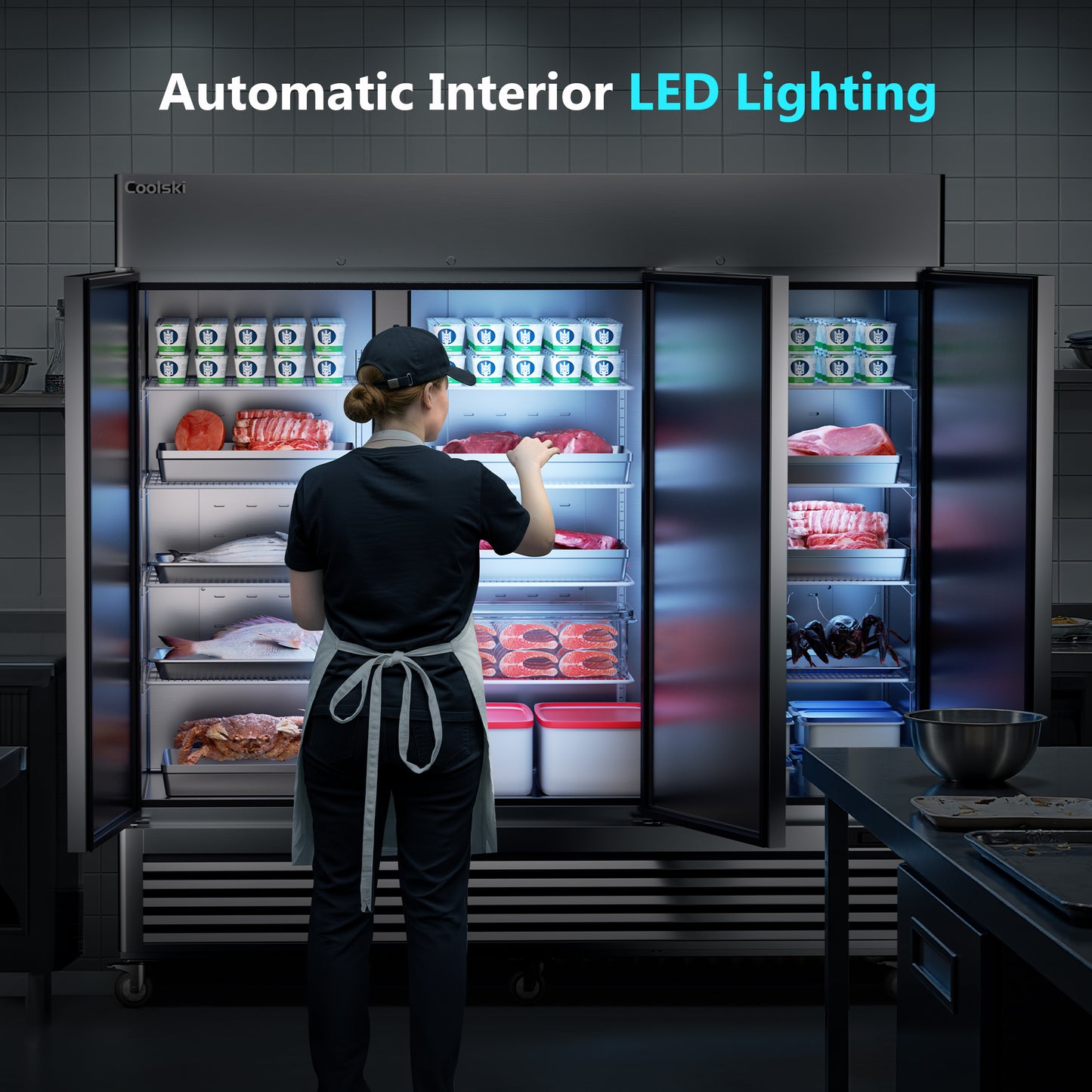 Coolski 82'' Commercial Freezer 3 Doors, Reach-In Upright Freezer for Restaurants Garages, -13 to -5℉ Temp Control Auto Defrost ETL NSF Approved