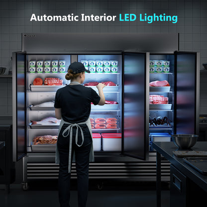 Coolski 82'' Commercial Freezer 3 Doors, Reach-In Upright Freezer for Restaurants Garages, -13 to -5℉ Temp Control Auto Defrost ETL NSF Approved