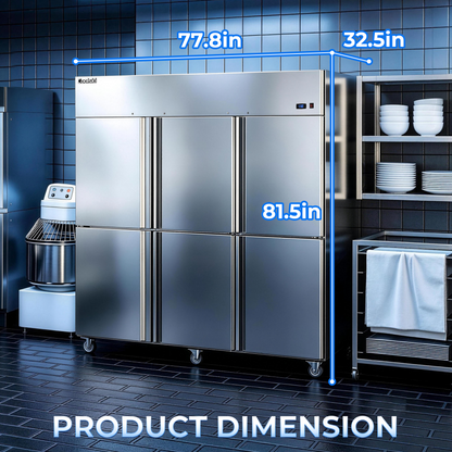 Coolski Commercial 6 Half Door Reach-In Refrigerator, 54 Cu.ft Solid Door Upright Fridge, 72" W Stainless Steel Industrial Cooler with 9 Adjustable Shelves, Auto-Defrost, Fan Cooling