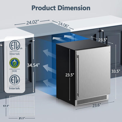 Coolski 24” 180 Cans(12 Oz.) Under Counter Built-In / Freestanding Beverage Refrigerator with Stainless Steel Door