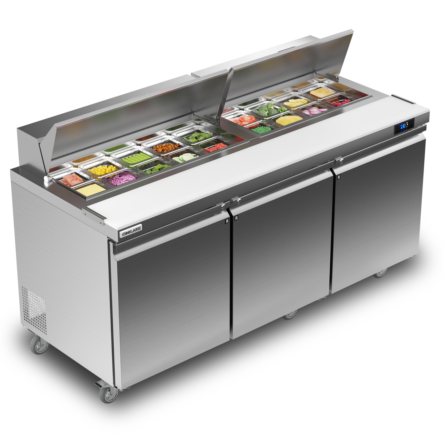 Coolake 72.7'' W 3 Door Commercial Refrigerator Sandwich Salad Prep Table, Stainless Steel 22 Cu.ft Counter Fan Cooling Refrigerator with 18 GN 1/6 Pans