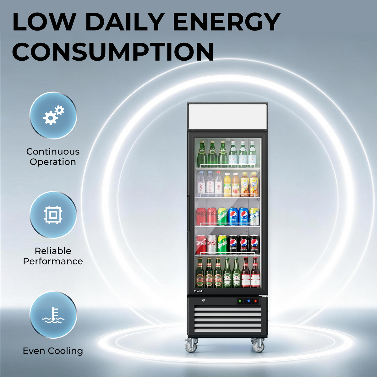 Coolski 27’’ W Commercial Display Freezer, 19.42 cu.ft Upright Merchandiser Freezer for Supermarket, Restaurant, Cafe, Bar, Top Customizable Light Box, Automatic Defrost, ETL&DOE Certified