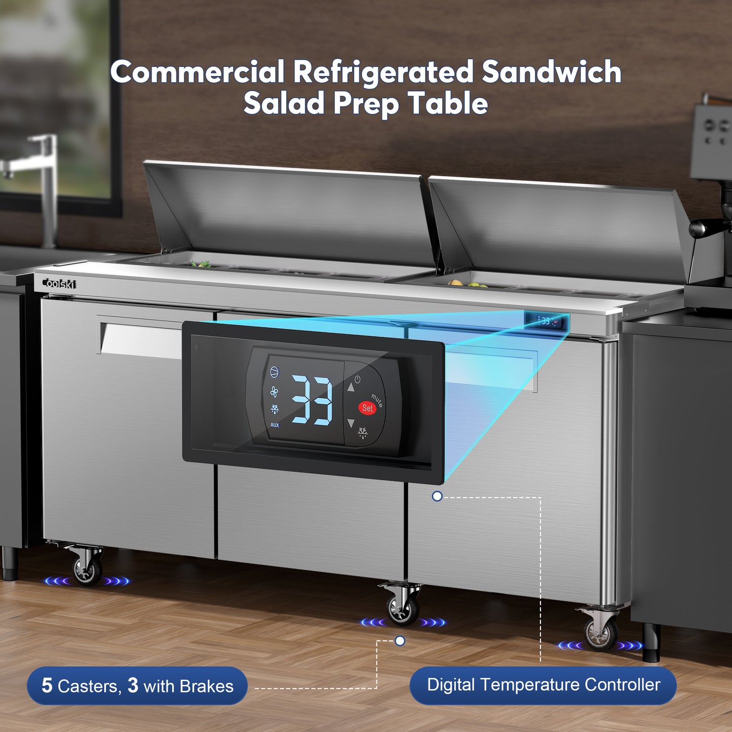 Coolski 72’’ W Commercial Refrigerator 3 Door, Refrigerated Salad/Pizza/Sandwich Prep Table for Restaurant/Bar, Stainless Steel 18 Pans 22 Cu.Ft. Capacity Fan Cooling, ETL NSF Approved