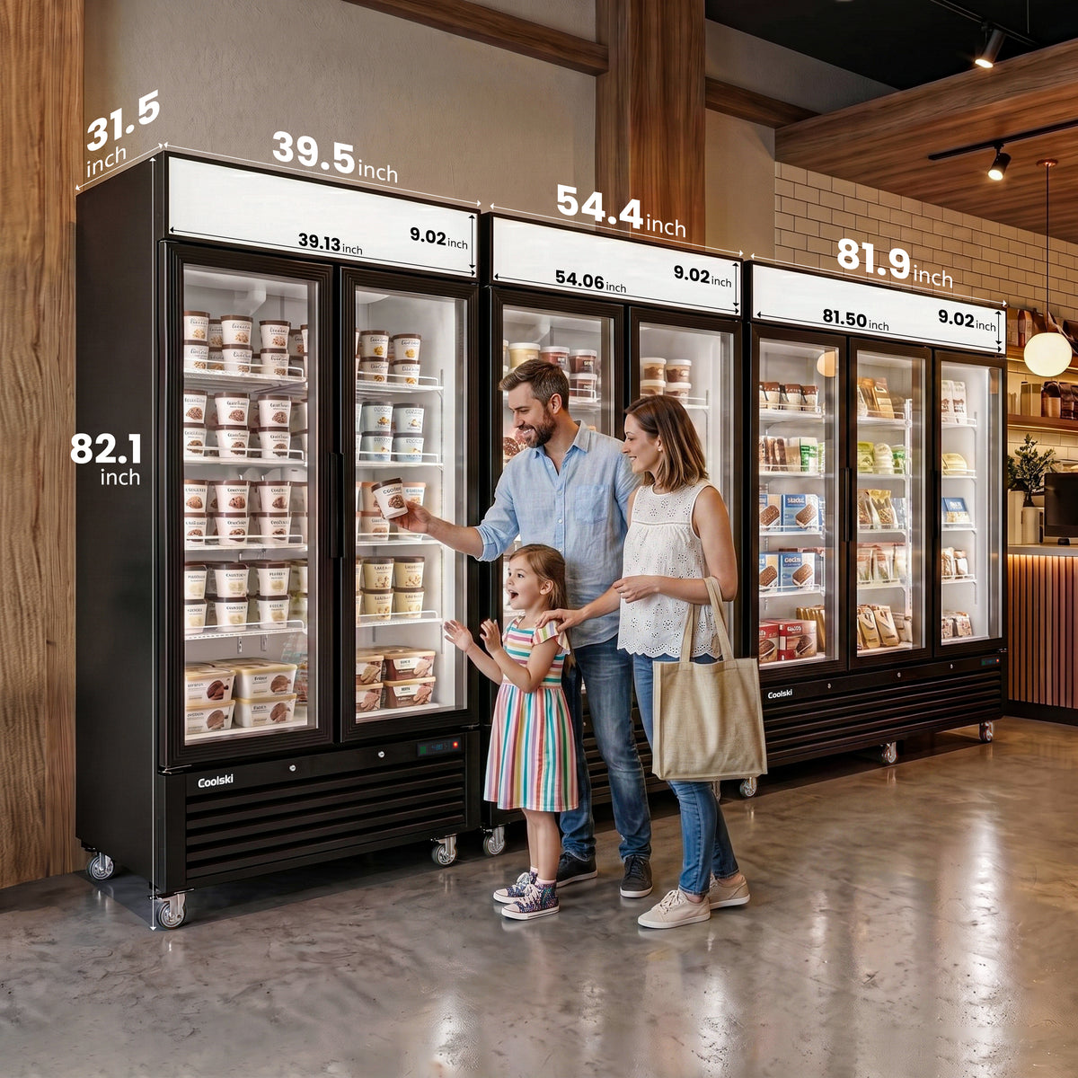 Coolski 82’’ W Commercial Display Freezer, 72 cu.ft Upright Merchandiser Freezer for Supermarket, Restaurant, Cafe, Bar, Top Customizable Light Box, Automatic Defrost, ETL&DOE Certified