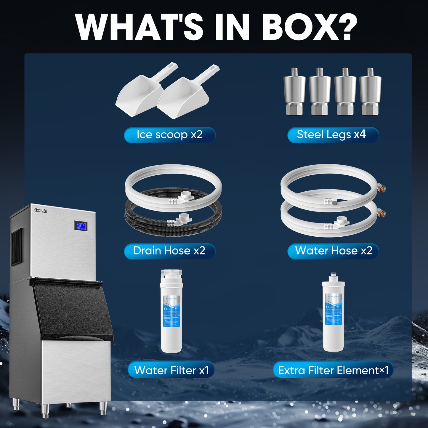 Coolski 22‘’ Commercial Ice Maker Machine 550LBS/24H, Large l Ice Maker with Storage Bin Cube Ice Stainless Steel