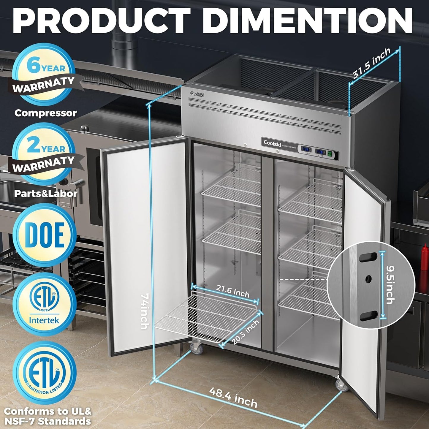 Coolski 48" W Commercial Refrigerator and Freezer Combo, 36 Cu.ft 2 Section Stainless Steel Solid Door