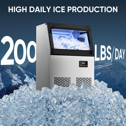 Coolski Commercial Ice Machine,200LBS/Day Stainless Steel Freestanding Ice Maker
