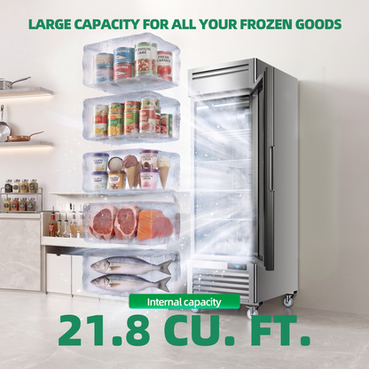 Coolski 27 in. 21.8 cu. ft. Auto / Cycle Defrost 1-Glass Door Commercial Reach In Display Upright Freezer in Stainless Steel
