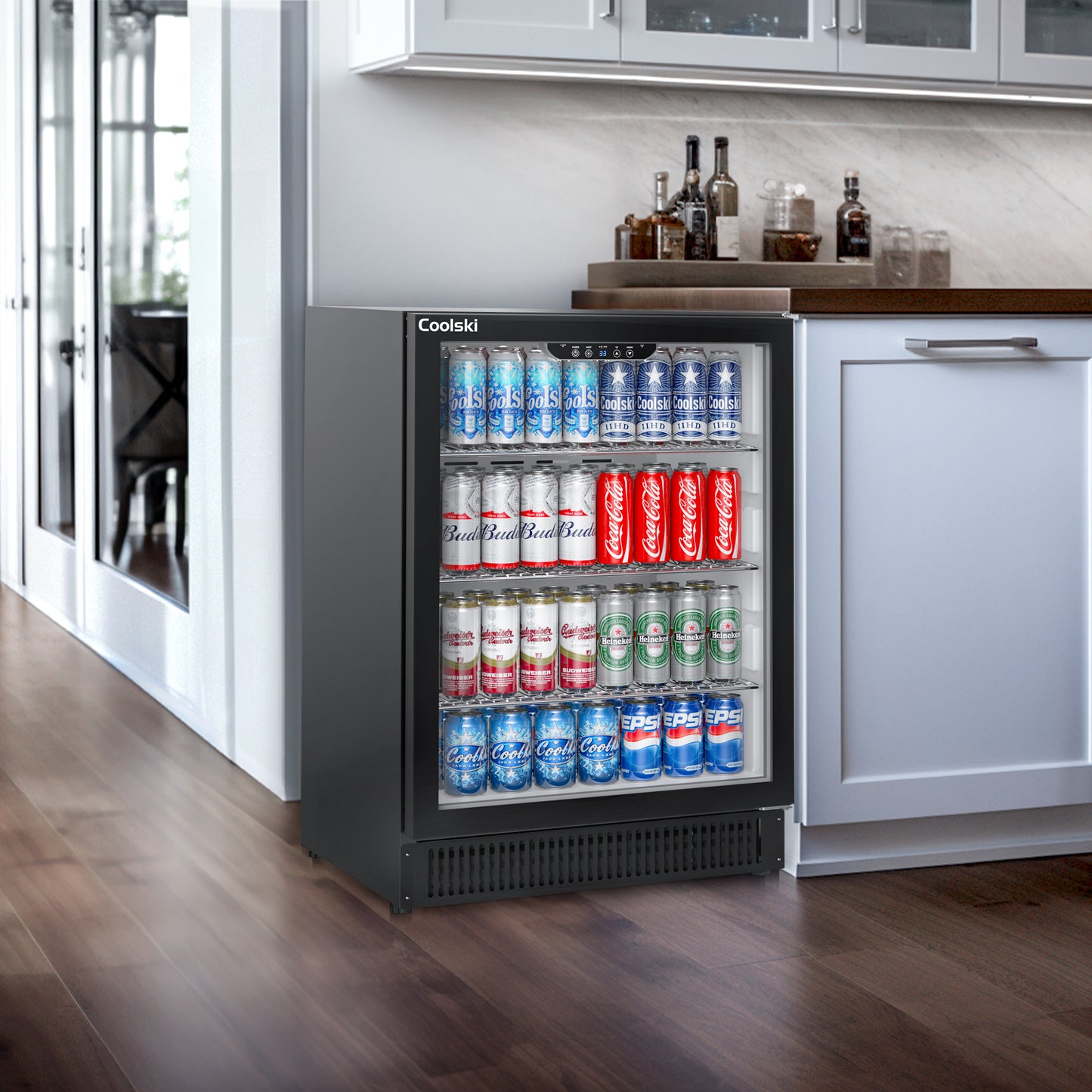 Coolski 24” 180 Cans(12 Oz.) Under Counter Built-In / Freestanding Beverage Refrigerator with Glass Door