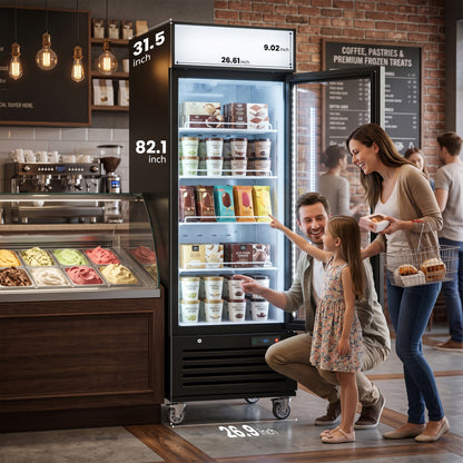 Coolski 27’’ W Commercial Display Freezer, 19.42 cu.ft Upright Merchandiser Freezer for Supermarket, Restaurant, Cafe, Bar, Top Customizable Light Box, Automatic Defrost, ETL&DOE Certified