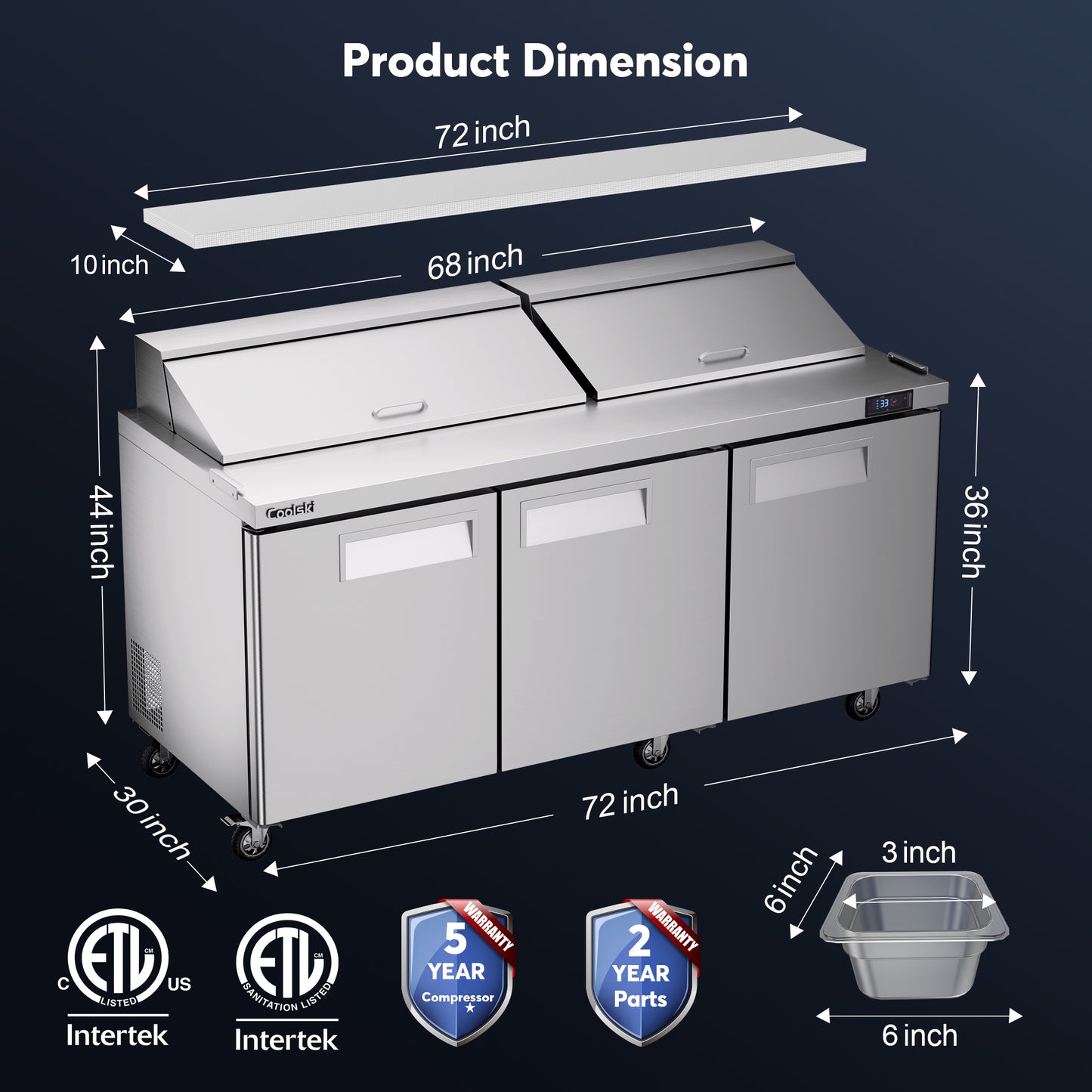 Coolski 72’’ W Commercial Refrigerator 3 Door, Refrigerated Salad/Pizza/Sandwich Prep Table for Restaurant/Bar, Stainless Steel 18 Pans 22 Cu.Ft. Capacity Fan Cooling, ETL NSF Approved