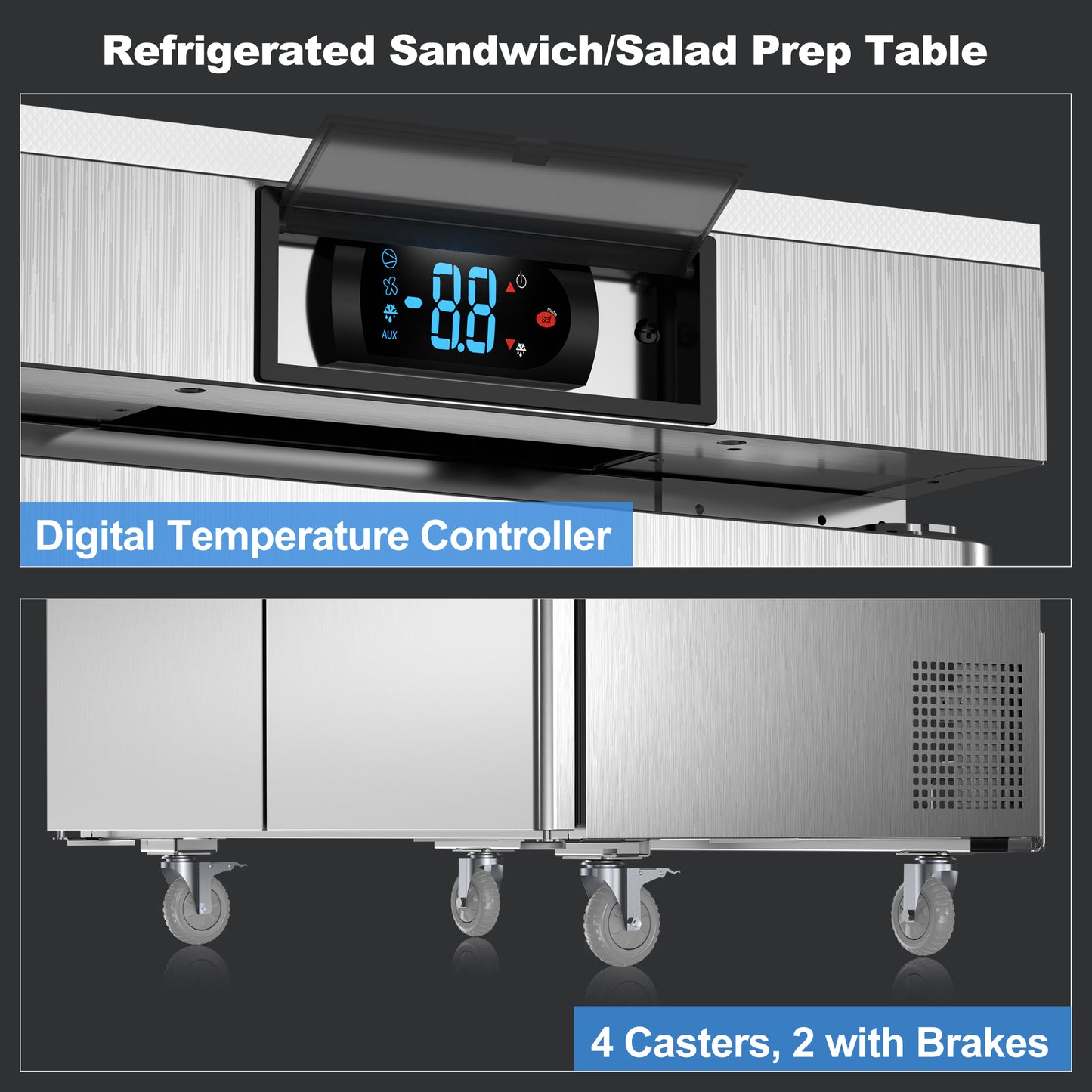 Coolski 48’’ W Commercial Refrigerator, Refrigerated Sandwich Salad Prep Table with 12 Pans Cutting Board, Mega Top/Stainless Steel/13 Cu.FT. Capacity/ETL NSF Approved