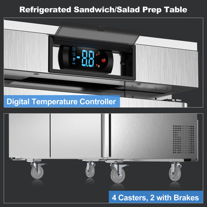 Coolski 48’’ W Commercial Refrigerator, Refrigerated Sandwich Salad Prep Table with 12 Pans Cutting Board, Mega Top/Stainless Steel/13 Cu.FT. Capacity/ETL NSF Approved