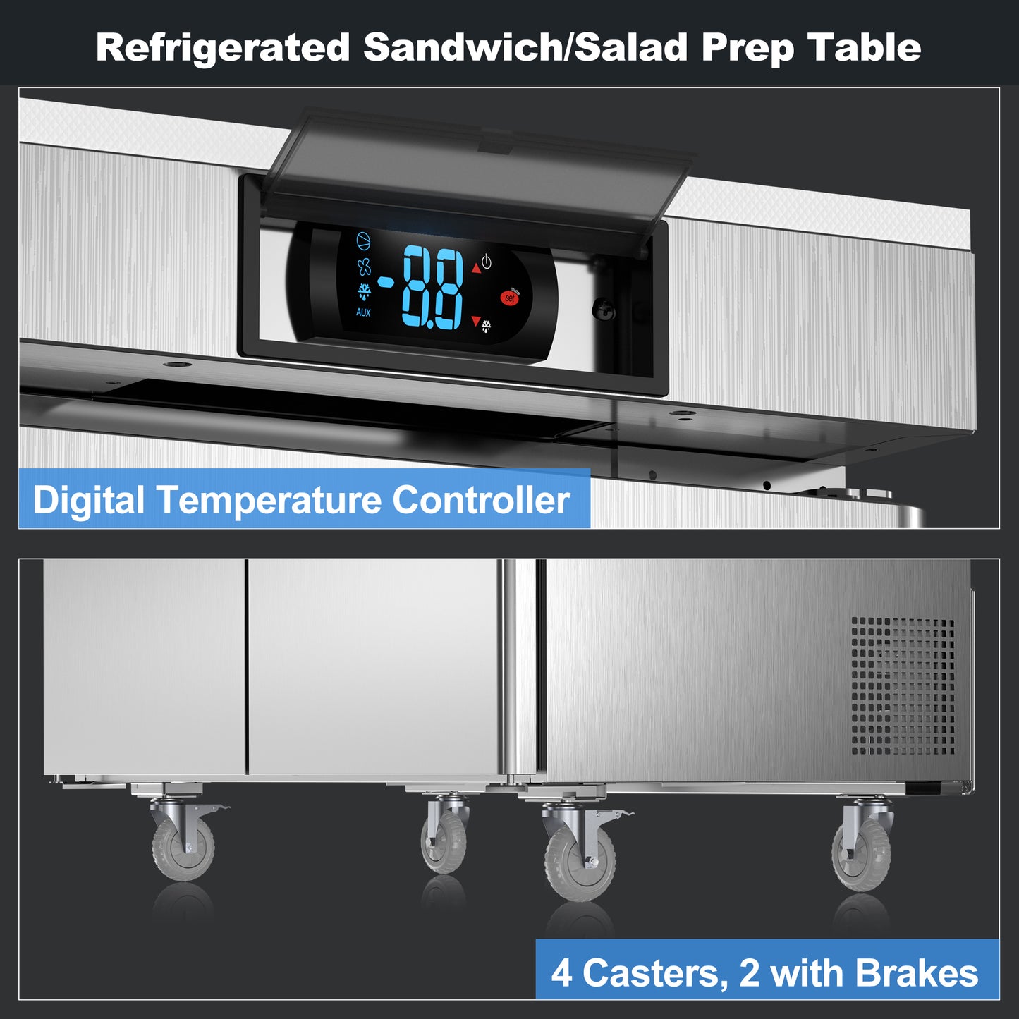 Coolski 60’’ W Commercial Refrigerator, Refrigerated Sandwich Salad Prep Table with 16 Pans/Mega Top/Cutting Board, 18 Cu.Ft. Large Capacity Stainless Steel ETL NSF Approved