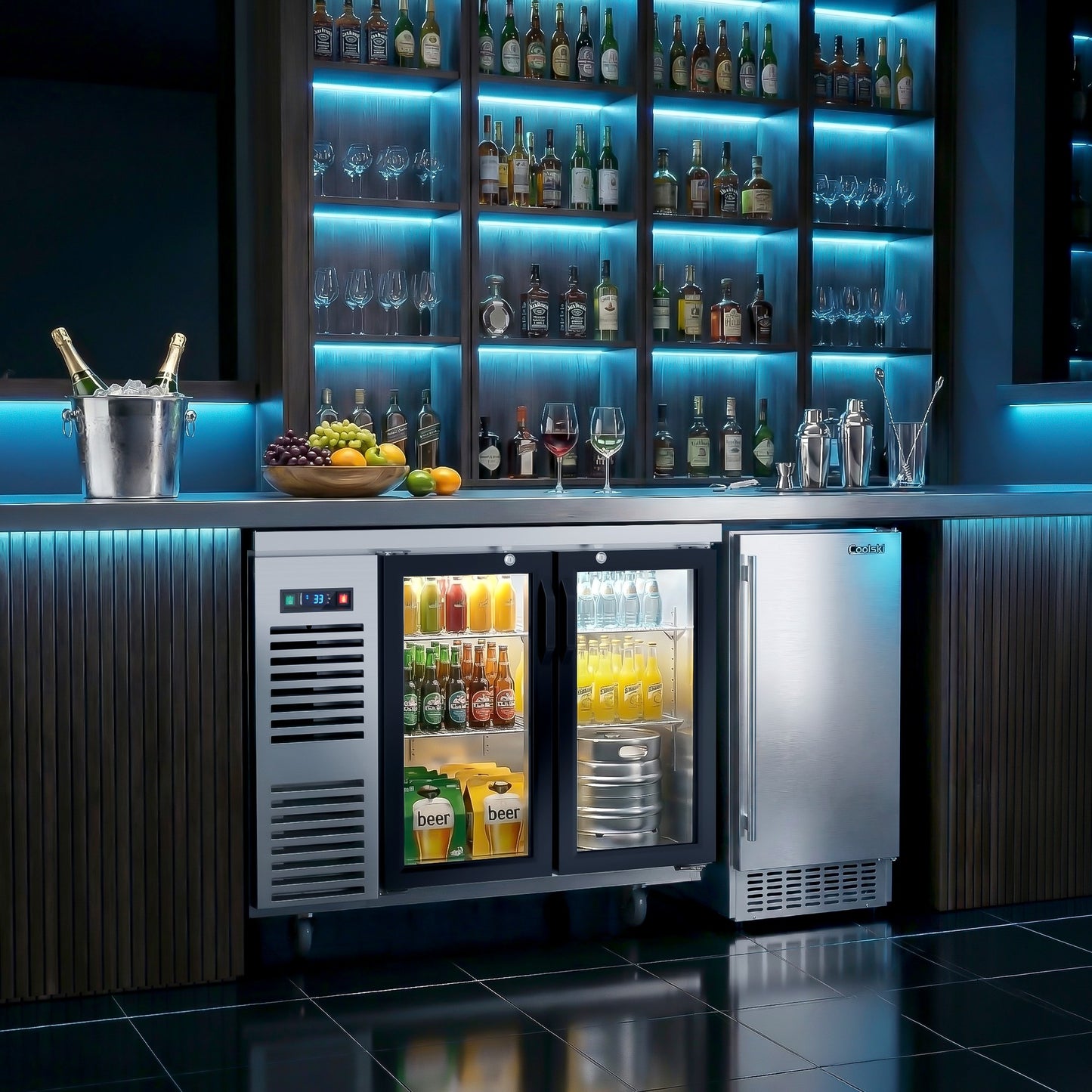 Coolski 48 in. W 15.1 cu. ft. Commercial Under Height Back Bar Cooler Refrigerator with Glass Door in Stainless Steel