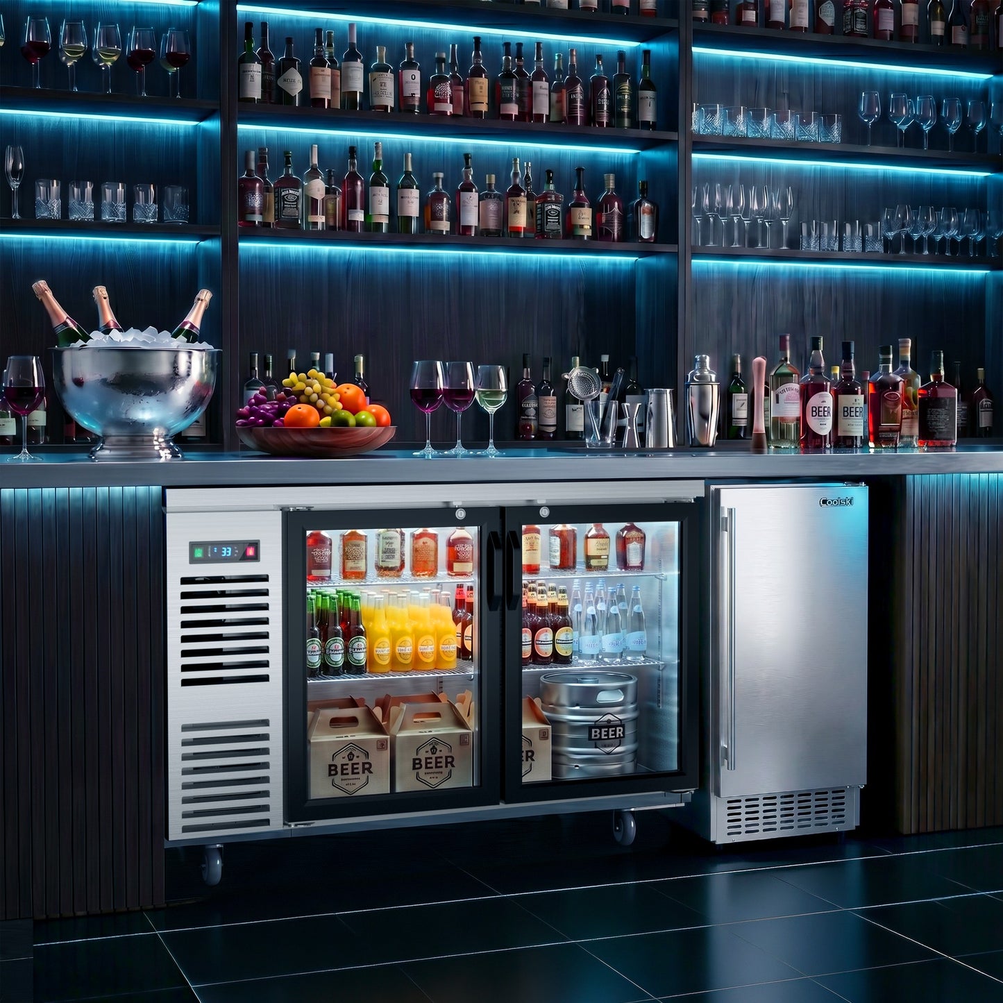 Coolski 60 in. W 20.5 cu. ft. Commercial Under Height Back Bar Cooler Refrigerator with Glass Door in Stainless Steel