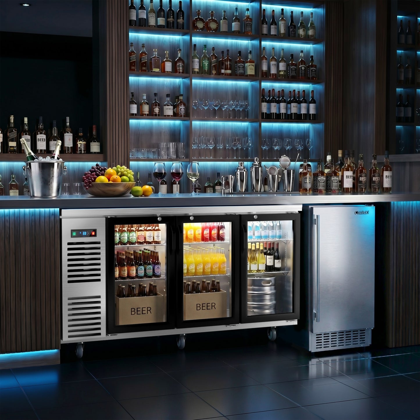 Coolski 72 in. W 25.6 cu. ft. Commercial Under Height Back Bar Cooler Refrigerator with Glass Door in Stainless Steel