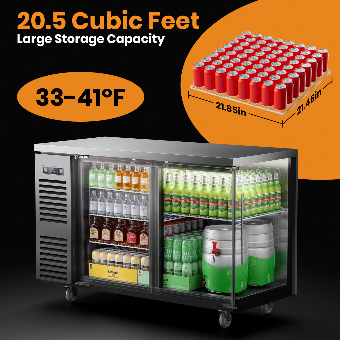 Coolski 60 in. W 20.5 cu. ft. Commercial Solid Door Under Back Bar Cooler Refrigerator in Black Stainless Steel
