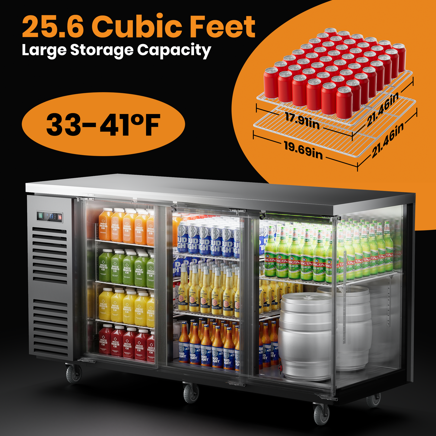 Coolski 72 in. W 25.6 cu. ft. Commercial Solid Door Under Back Bar Cooler Refrigerator in Black Stainless Steel