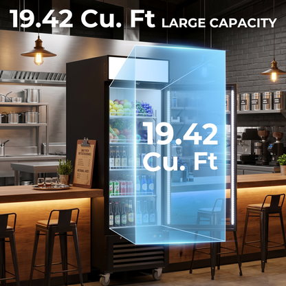 Coolski Commercial 27 W’’ Commercial Display Refrigerator, 19.42 Cu. Ft Glass Door Cooler, Upright Merchandiser Drink Fridge for Bar, Restaurant, shop, Customizable Top Light Box, Auto Defrost
