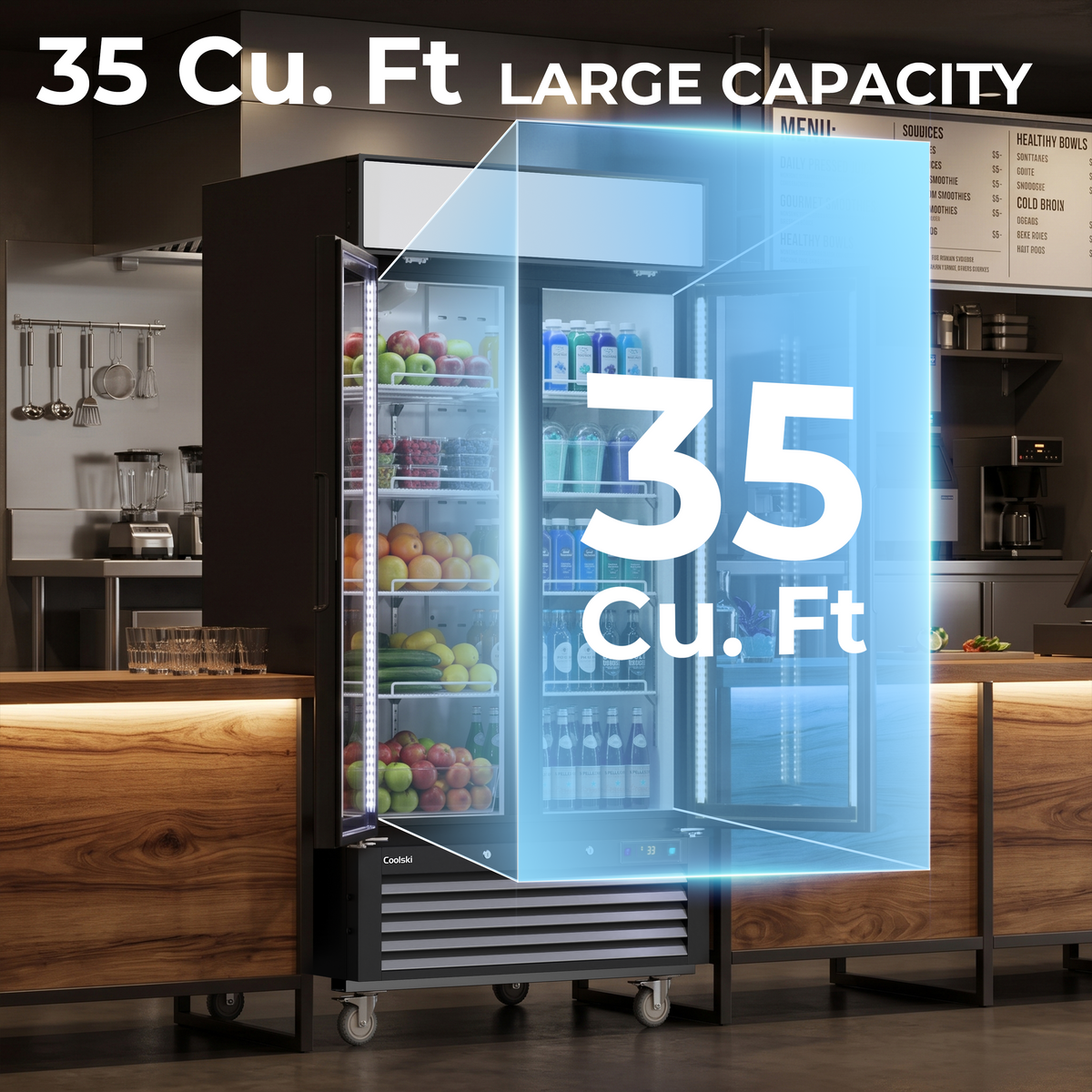 Coolski Commercial 40 W’’ Commercial Display Refrigerator, 35 Cu. Ft Glass Door Cooler, Upright Merchandiser Drink Fridge for Bar, Restaurant, shop, Customizable Top Light Box, Auto Defrost