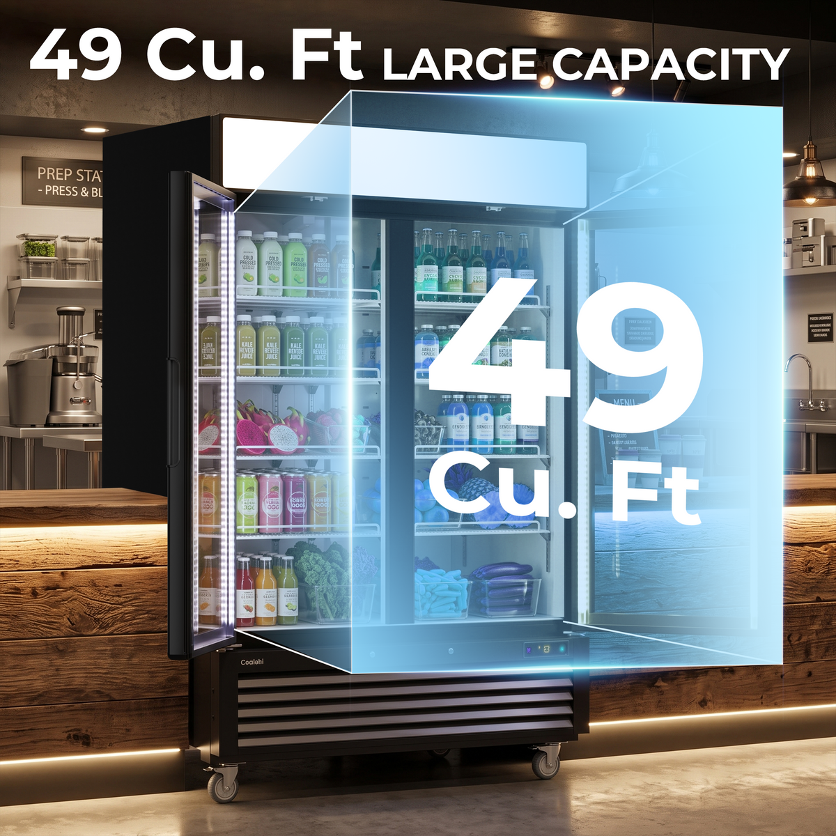 Coolski Commercial 54 W’’ Commercial Display Refrigerator, 49 Cu. Ft Glass Door Cooler, Upright Merchandiser Drink Fridge for Bar, Restaurant, shop, Customizable Top Light Box, Auto Defrost