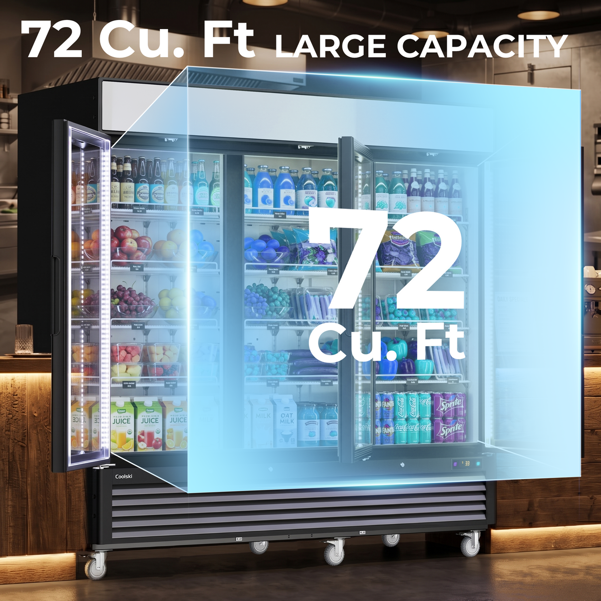 Coolski Commercial 82 W’’ Commercial Display Refrigerator, 72 Cu. Ft Glass Door Cooler, Upright Merchandiser Drink Fridge for Bar, Restaurant, shop, Customizable Top Light Box, Auto Defrost