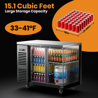 Coolski 48 in. W 15.1 cu. ft. Commercial Solid Door Under Back Bar Cooler Refrigerator in Black Stainless Steel