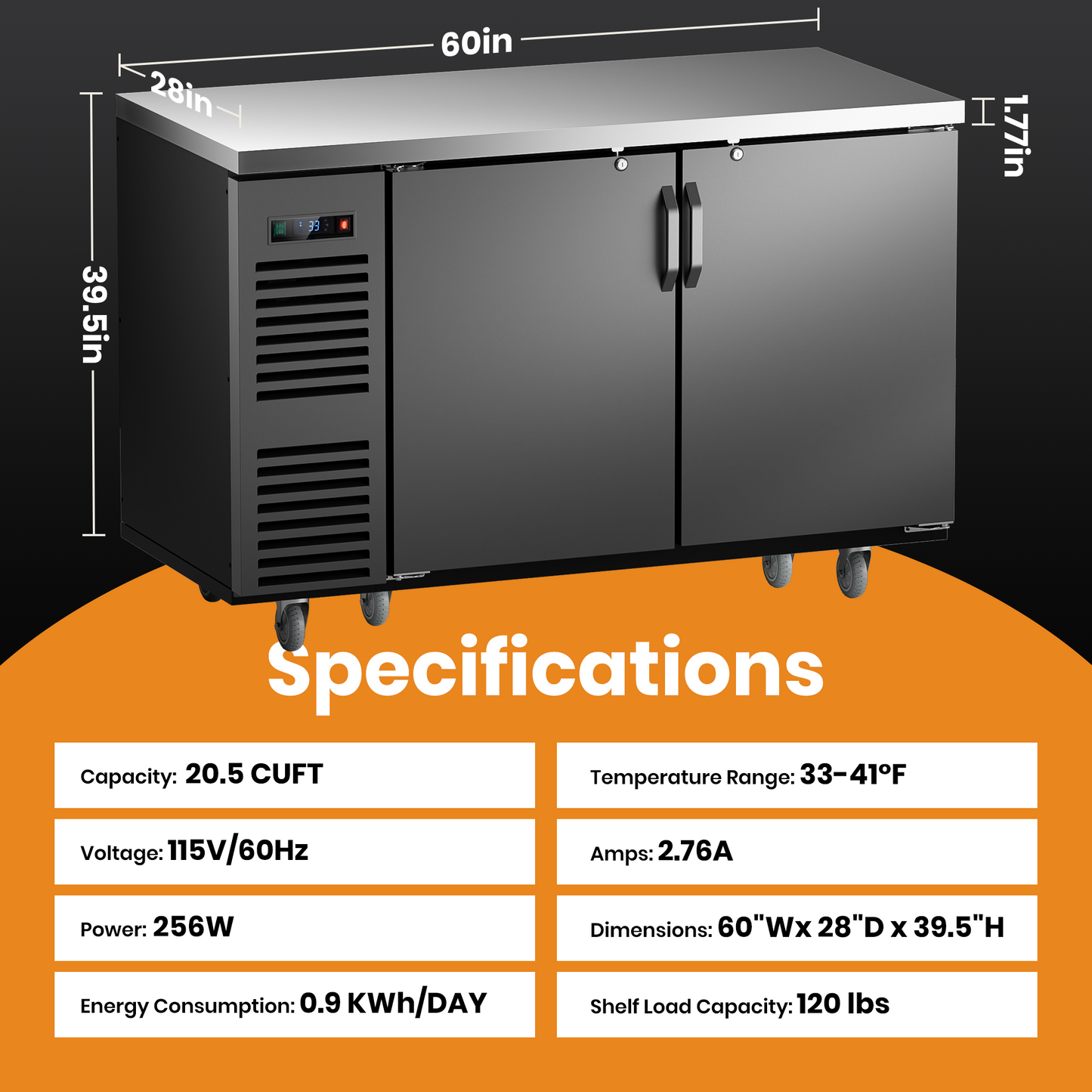 Coolski 60 in. W 20.5 cu. ft. Commercial Solid Door Under Back Bar Cooler Refrigerator in Black Stainless Steel