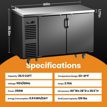 Coolski 60 in. W 20.5 cu. ft. Commercial Solid Door Under Back Bar Cooler Refrigerator in Black Stainless Steel