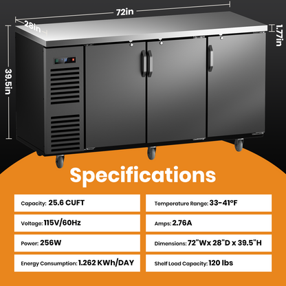 Coolski 72 in. W 25.6 cu. ft. Commercial Solid Door Under Back Bar Cooler Refrigerator in Black Stainless Steel