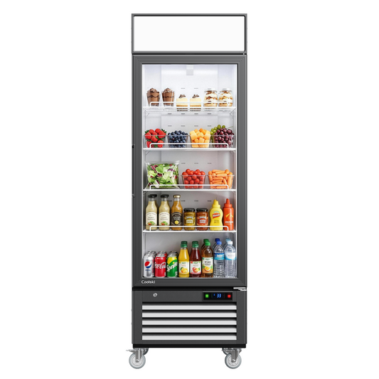 Coolski Commercial 27 W’’ Commercial Display Refrigerator, 19.42 Cu. Ft Glass Door Cooler, Upright Merchandiser Drink Fridge for Bar, Restaurant, shop, Customizable Top Light Box, Auto Defrost